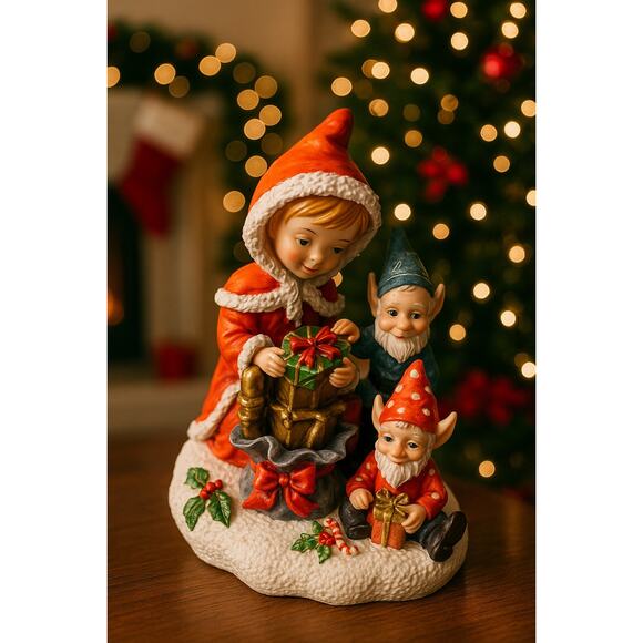 Christmas Elf & Child Figurine Holiday Resin Decoration Vintage Style - Picture 5 of 6
